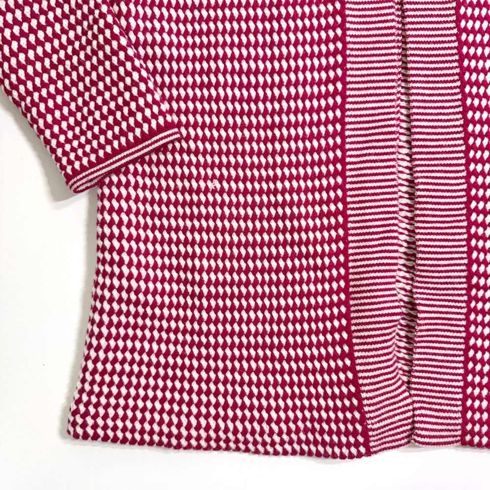 Talbots Longline Cardigan XL Red White Geometric Merino Wool Open Front Long - Picture 2 of 6